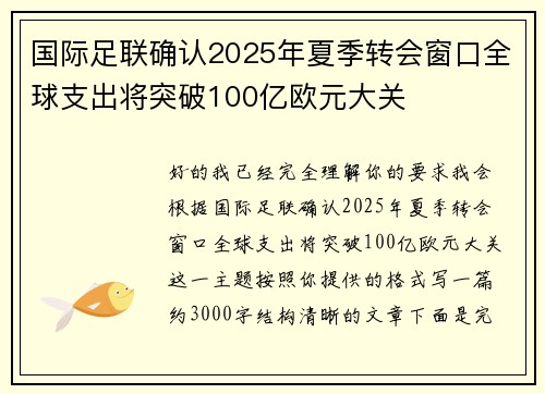 国际足联确认2025年夏季转会窗口全球支出将突破100亿欧元大关
