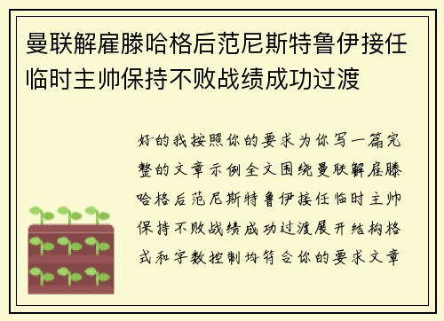 曼联解雇滕哈格后范尼斯特鲁伊接任临时主帅保持不败战绩成功过渡 曼联解雇滕哈格后范尼斯特鲁伊接任临时主帅保持不败战绩成功过渡