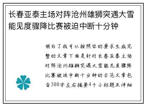 长春亚泰主场对阵沧州雄狮突遇大雪能见度骤降比赛被迫中断十分钟 长春亚泰主场对阵沧州雄狮突遇大雪能见度骤降比赛被迫中断十分钟